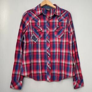 Southern Thread Fits Size M Plaid Pearl Snap Western Cowgirl Shirt Rodeo Horse